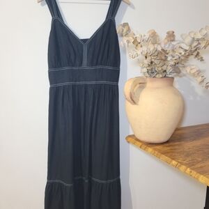 Scoop Linen Blend Contrast Stitch Maxi Dress Coastal Modern Minimal Boho Sz XL